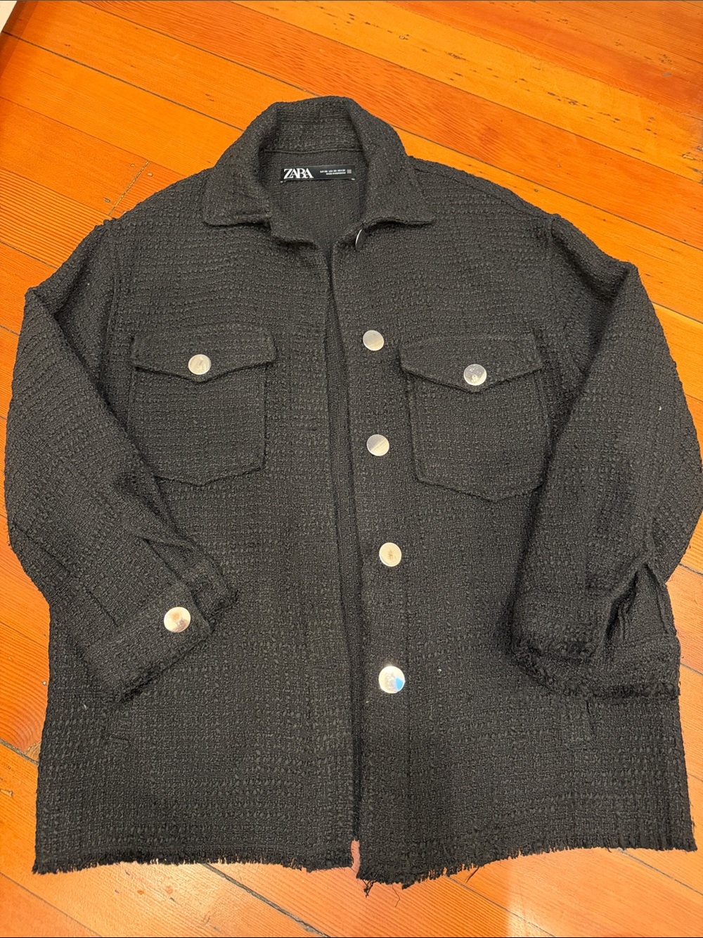 ZARA Black Textured Button-Front Shirt Jacket